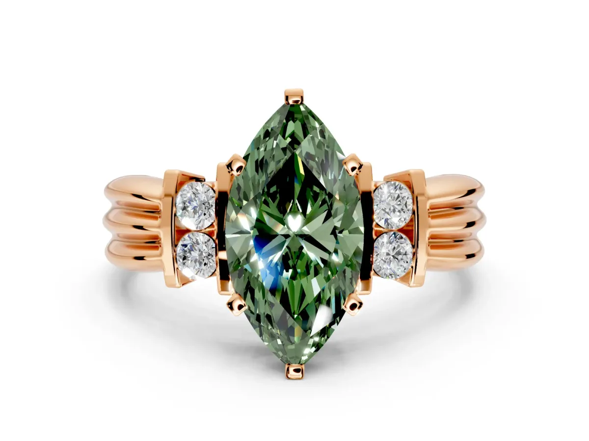 Solitaire Engagement Ring Setting for Fancy Green Marquise Center with Grooved Bar Accent Band and Prong Head in Rose Gold