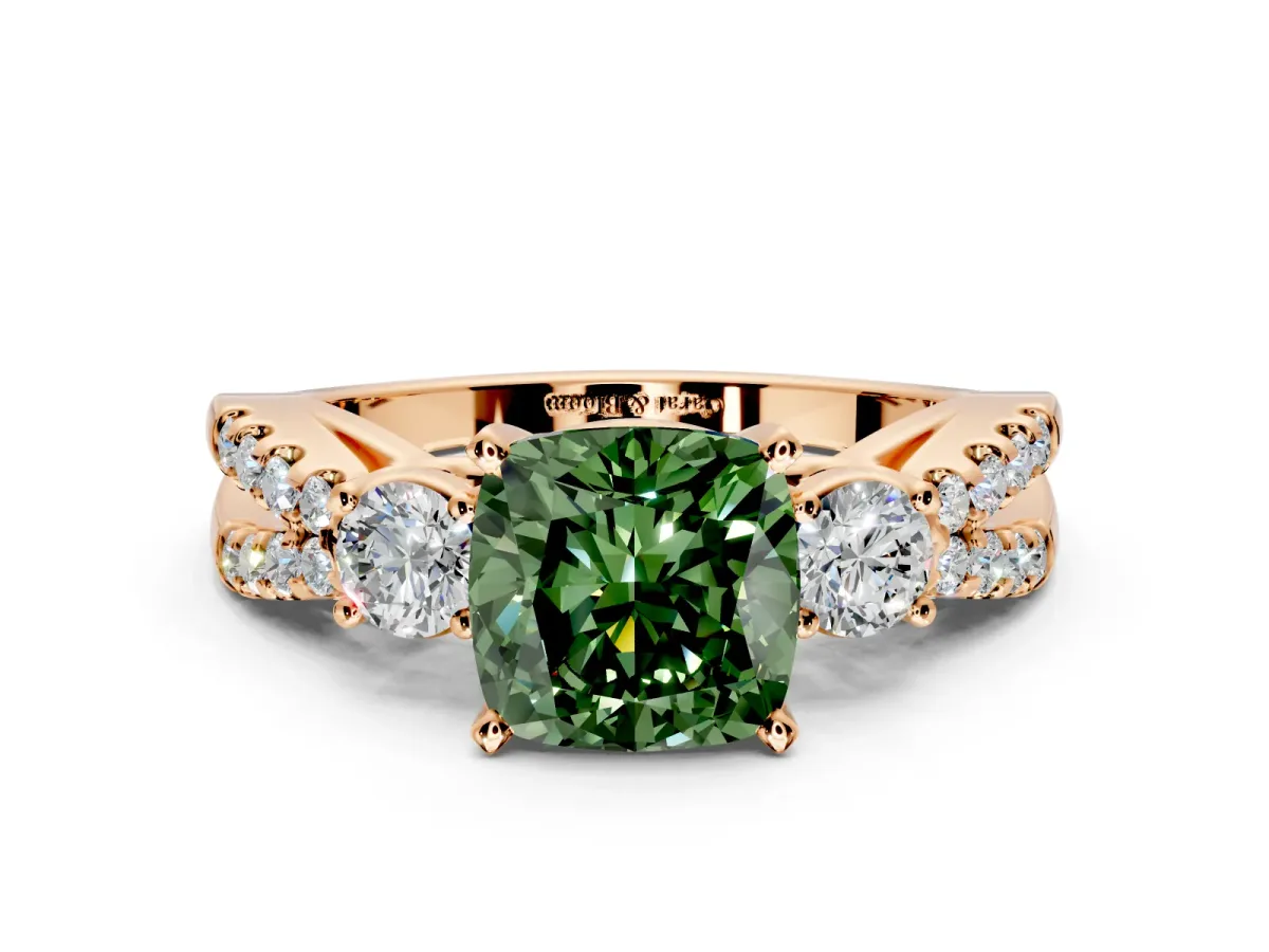 3 Stone Engagement Ring Setting for Fancy Green Cushion Cut Center with Pave Split Shank and Prong Head in Rose Gold