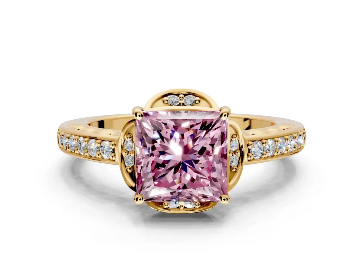 Floral Engagement Ring Setting for Fancy Pink Princess Cut Center with Four Accent Clusters and Prong Head in Yellow Gold