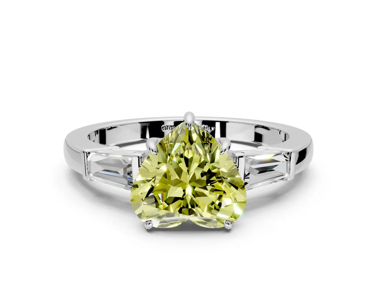 3 Stone Engagement Ring Setting for Fancy Yellow Heart-Shaped Center with Baguette Accents and Prong Head in Sterling Silver
