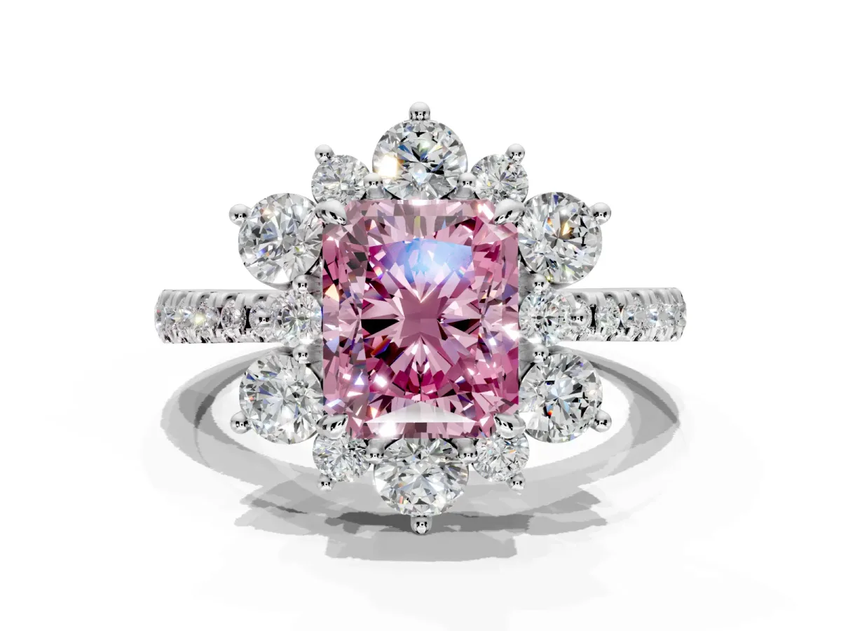 Floral Halo Engagement Ring Setting for Fancy Pink Radiant Cut Center with Pave Accents and Prong Head in White Gold