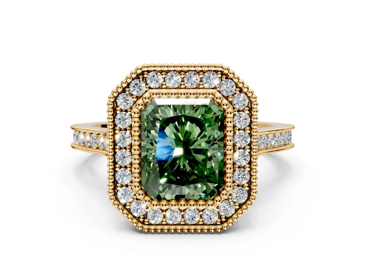 Halo Engagement Ring Setting for Fancy Green Radiant Cut Center with Milgrain Frame, Pave Band and Prong Head in Yellow Gold