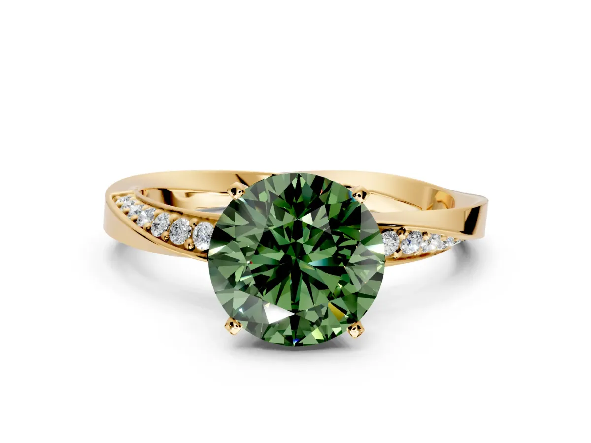 Side Accent Engagement Ring Setting for Fancy Green Round Cut Center with Accent Shoulders and Prong Head in Yellow Gold