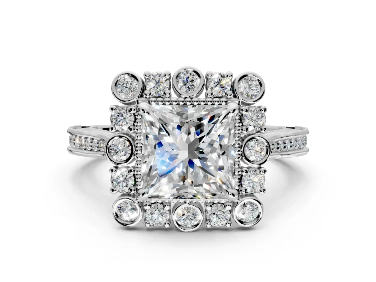 Milgrain Halo Engagement Ring Setting for Princess Cut Center with Bezel Point Accents and Prong Head in White Gold