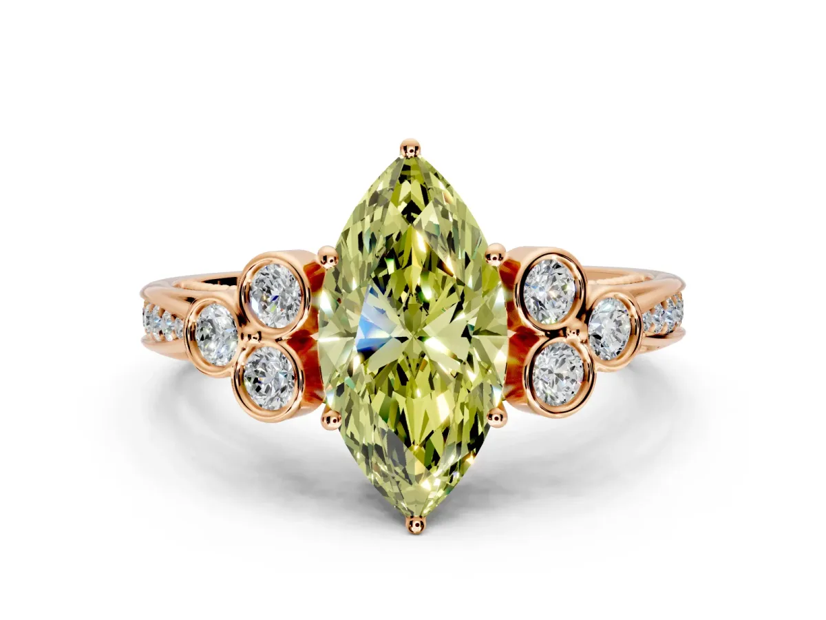 Cluster Engagement Ring Setting for Fancy Yellow Marquise Center with Bezel Accent Clusters and Prong Head in Rose Gold