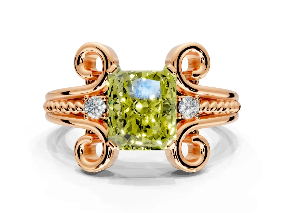 Solitaire Engagement Ring Setting for Fancy Yellow Radiant Cut Center with Twisted Band and Scroll Prong Head in Rose Gold