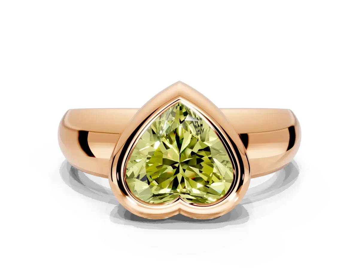Solitaire Engagement Ring Setting for Fancy Yellow Heart-Shaped Center with Wide Band and Bezel Head in Rose Gold