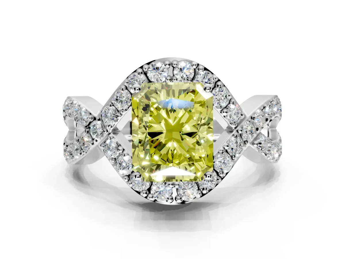 Halo Engagement Ring Setting for Fancy Yellow Radiant Cut Center with Pave Infinity Twist Band and Prong Head in White Gold