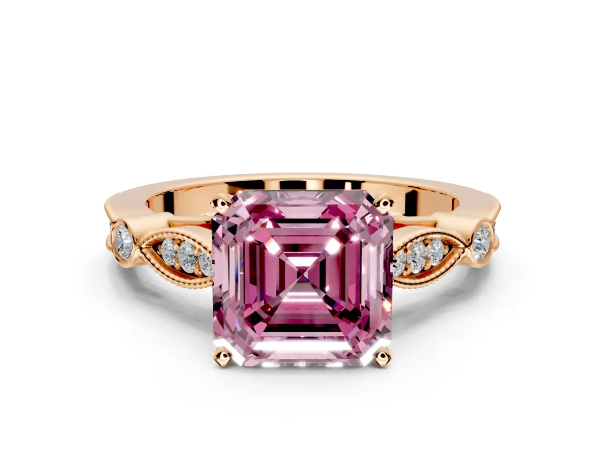 Solitaire Engagement Ring Setting for Fancy Pink Asscher Cut Center with Marquise and Bezel Accents and Prong Head in Rose Gold