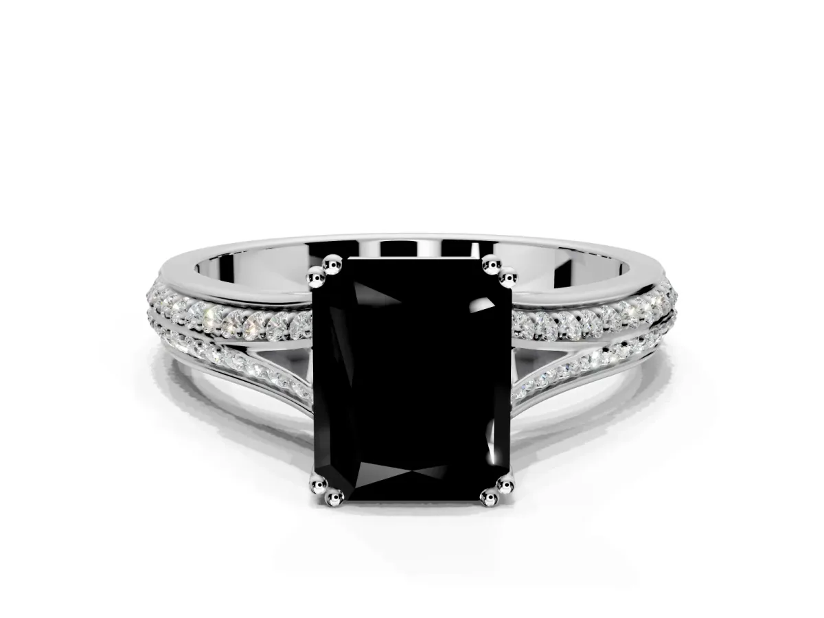 Solitaire Engagement Ring Setting for Fancy Black Radiant Cut Center with Pave Rail Split Shank and Prong Head in Sterling Silver