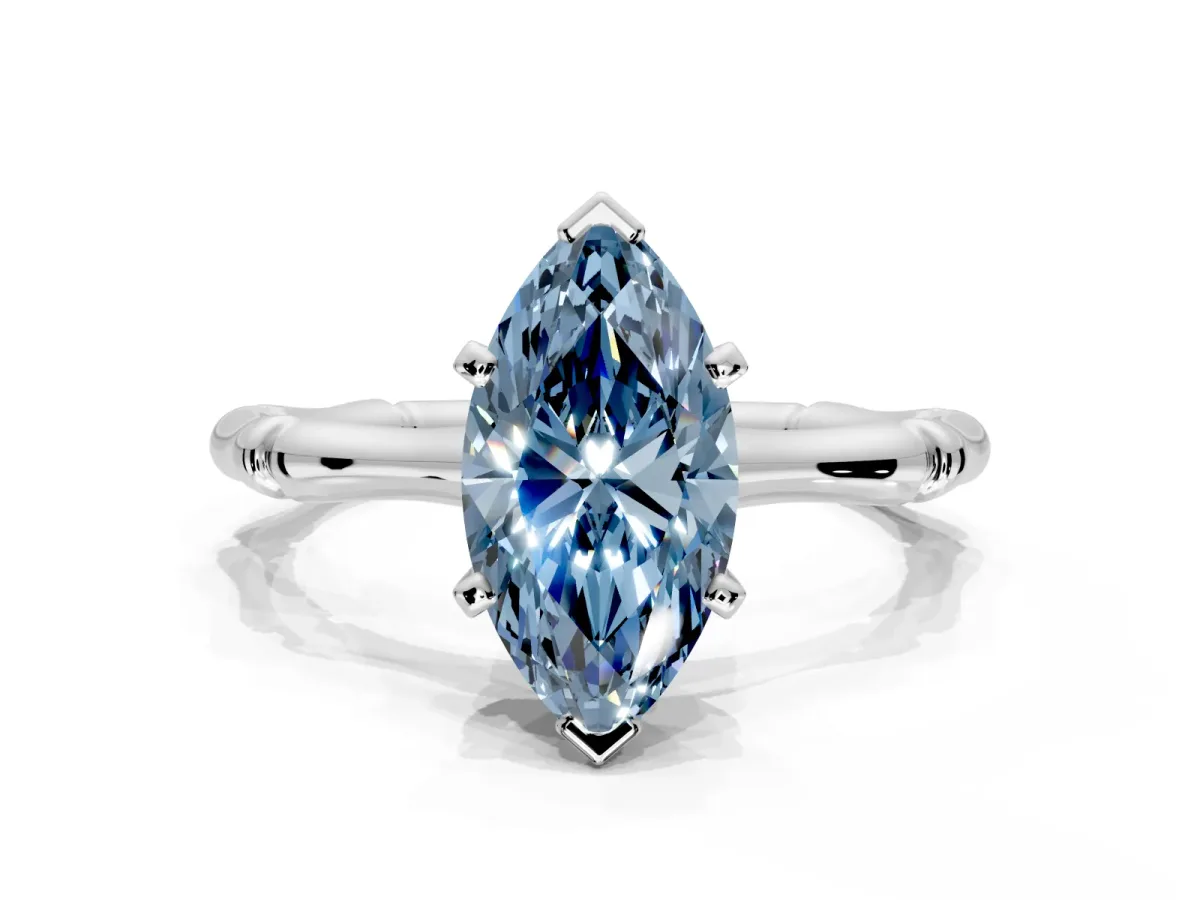 Solitaire Engagement Ring Setting for Fancy Blue Marquise Center with Bamboo Band and Prong Head in White Gold