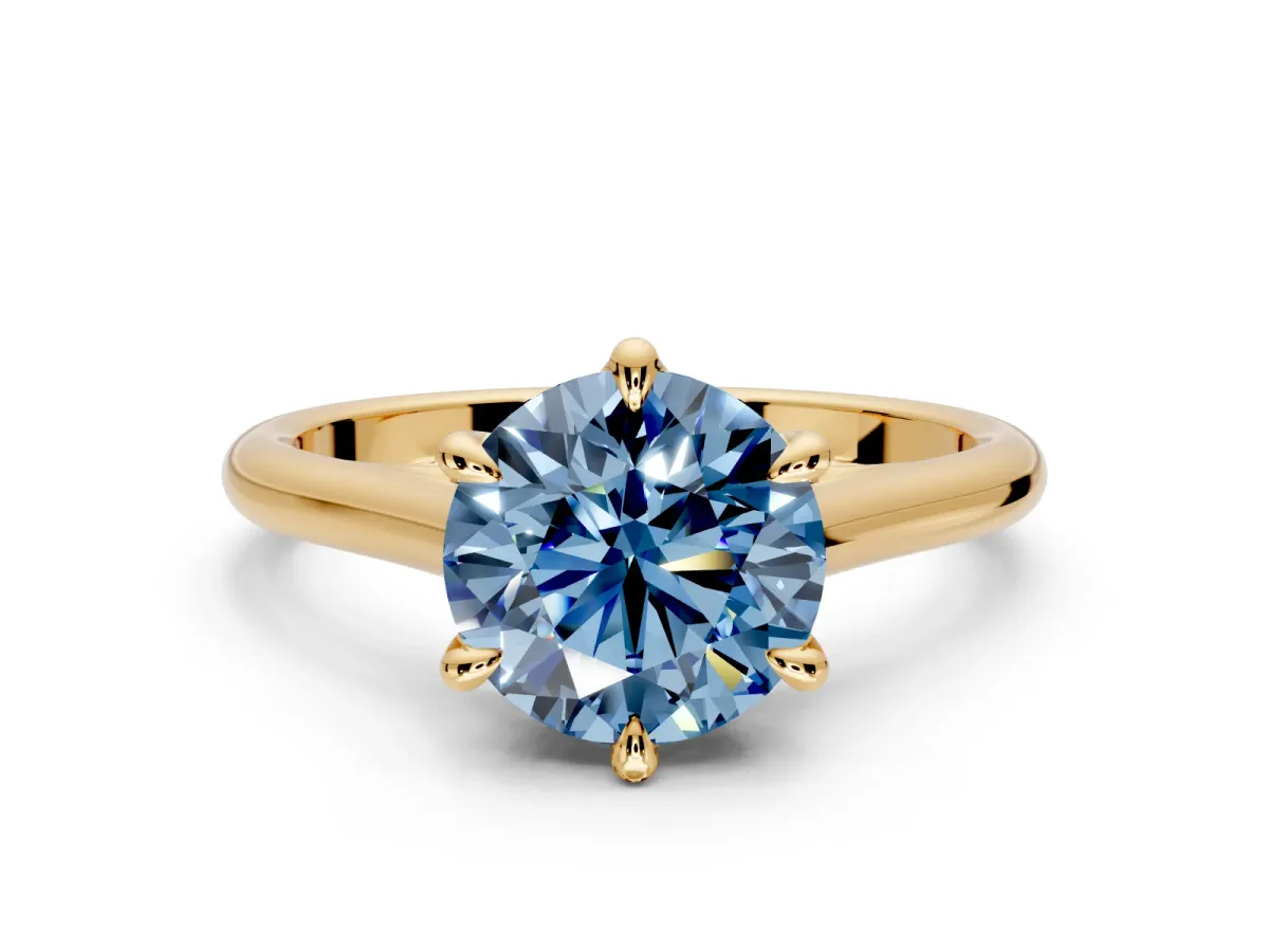 Solitaire Engagement Ring Setting for Fancy Blue Round Cut Center with Cathedral Band and Prong Head in Yellow Gold