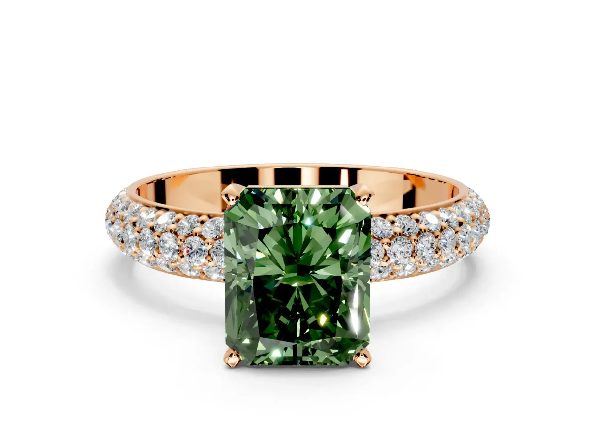 Solitaire Engagement Ring Setting for Fancy Green Radiant Cut Center with Domed Multi-Row Pave Band and Prong Head in Rose Gold