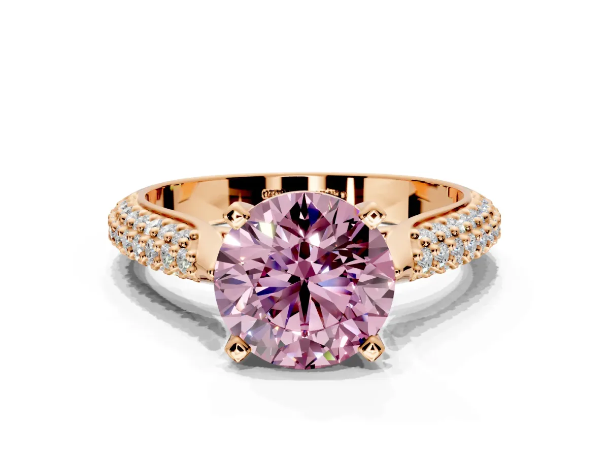 Solitaire Engagement Ring Setting for Fancy Pink Round Cut Center with Multi-Row Accents and Prong Head in Rose Gold