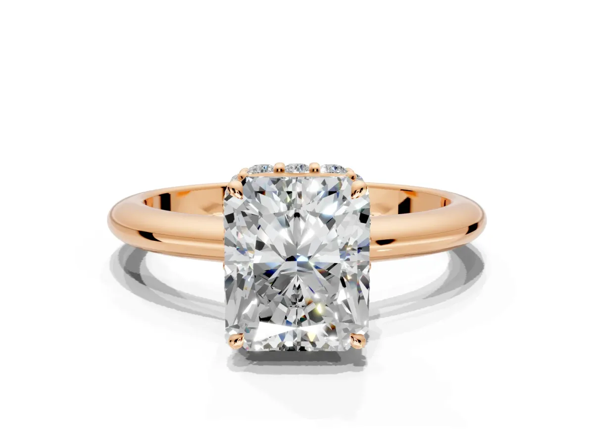 Hidden Halo Engagement Ring Setting for Radiant Cut Center with Plain Rounded Band and Prong Head in Rose Gold