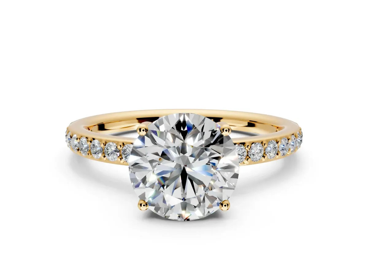 Solitaire Engagement Ring Setting for Round Cut Center with Fine Pave Band and Prong Head in Yellow Gold