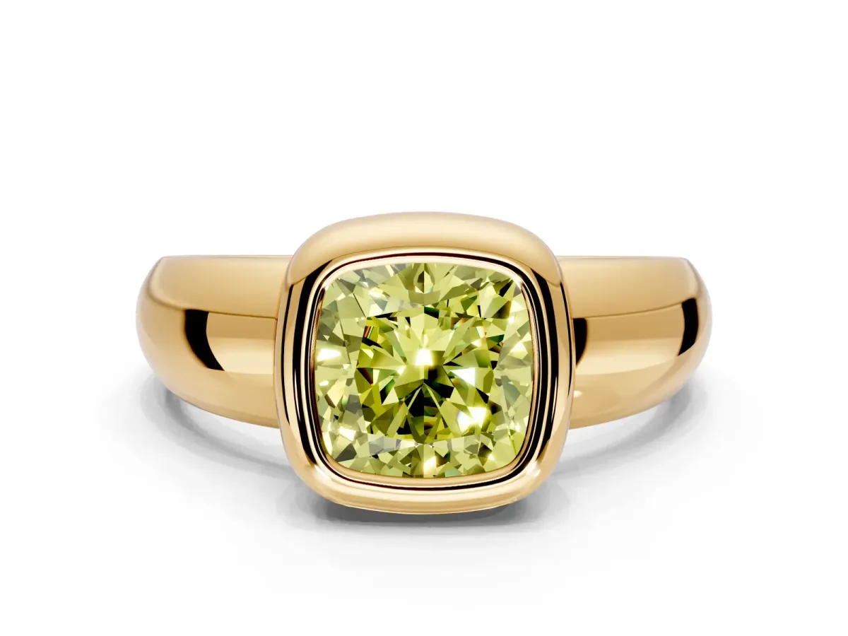 Solitaire Engagement Ring Setting for Fancy Yellow Cushion Cut Center with Wide Band and Bezel Head in Yellow Gold