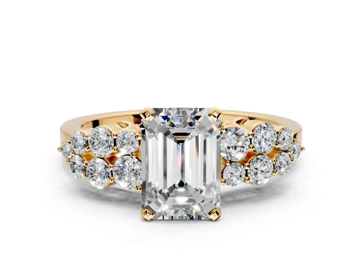 Cluster Engagement Ring Setting for Emerald Cut Center with 2-Row Shoulder Clusters and Prong Head in Yellow Gold