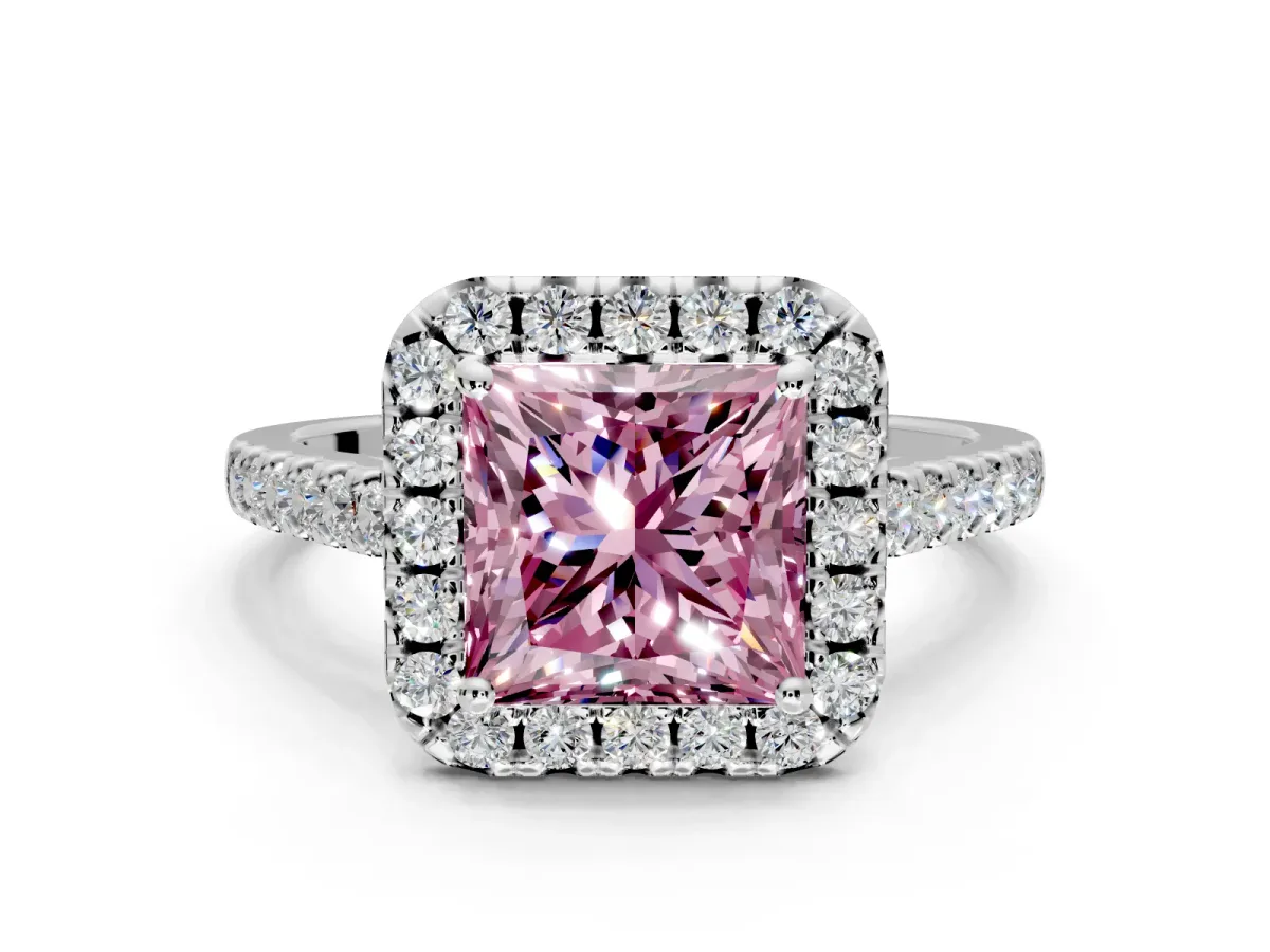 Halo Engagement Ring Setting for Fancy Pink Princess Cut Center with Raised Halo, Pave Band and Prong Head in Platinum
