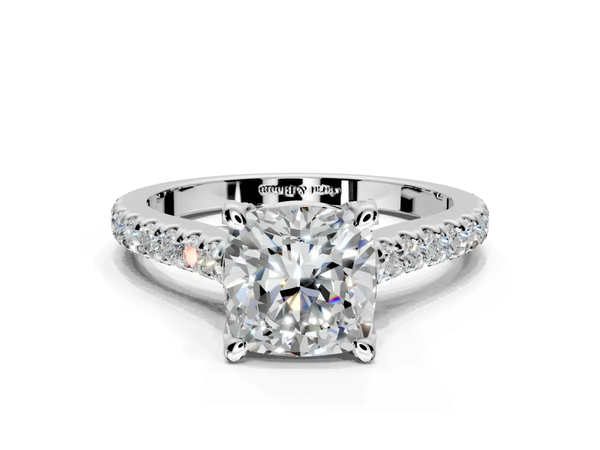 Solitaire Engagement Ring Setting for Cushion Cut Center with Widening Pave Band and Claw Prong Head in Platinum