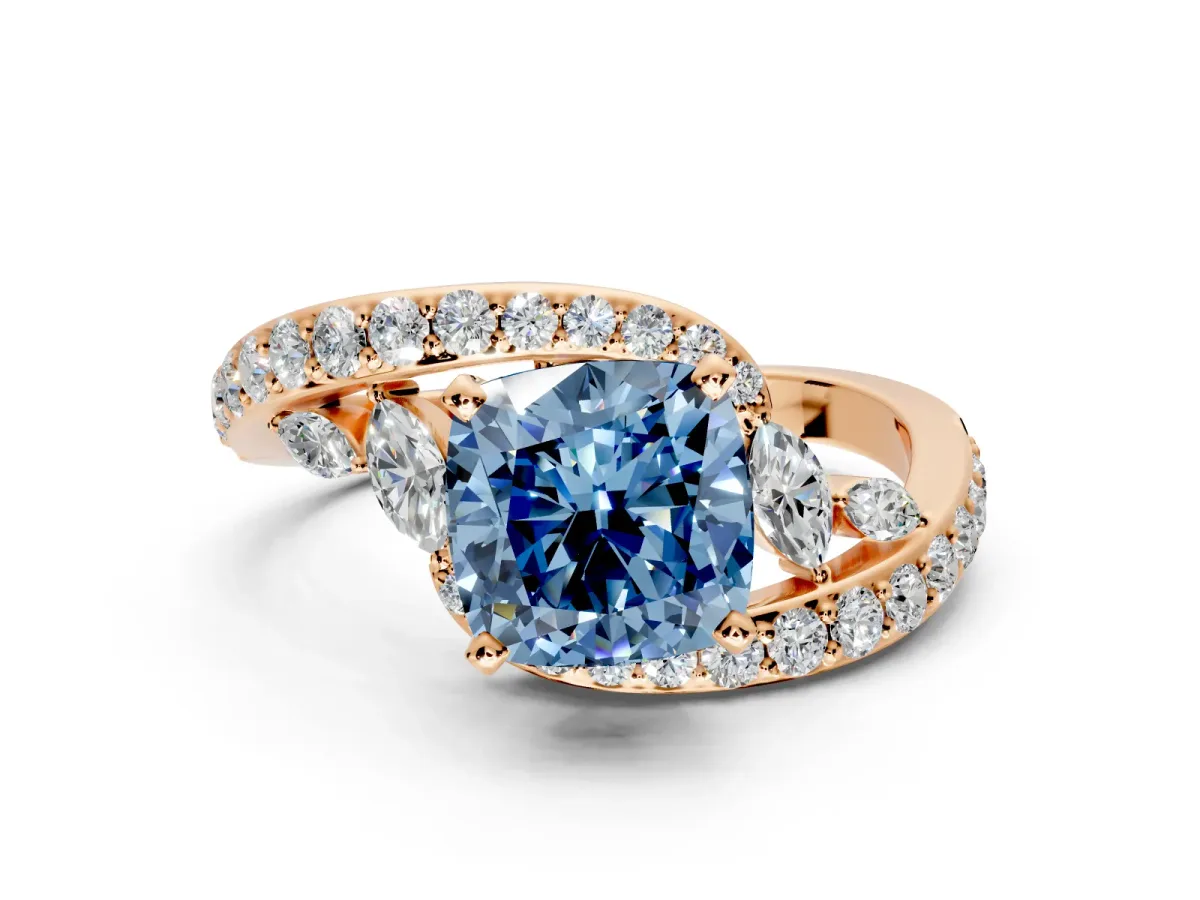 Solitaire Engagement Ring Setting for Fancy Blue Cushion Cut Center with Filigree Band and Prong Head in Rose Gold