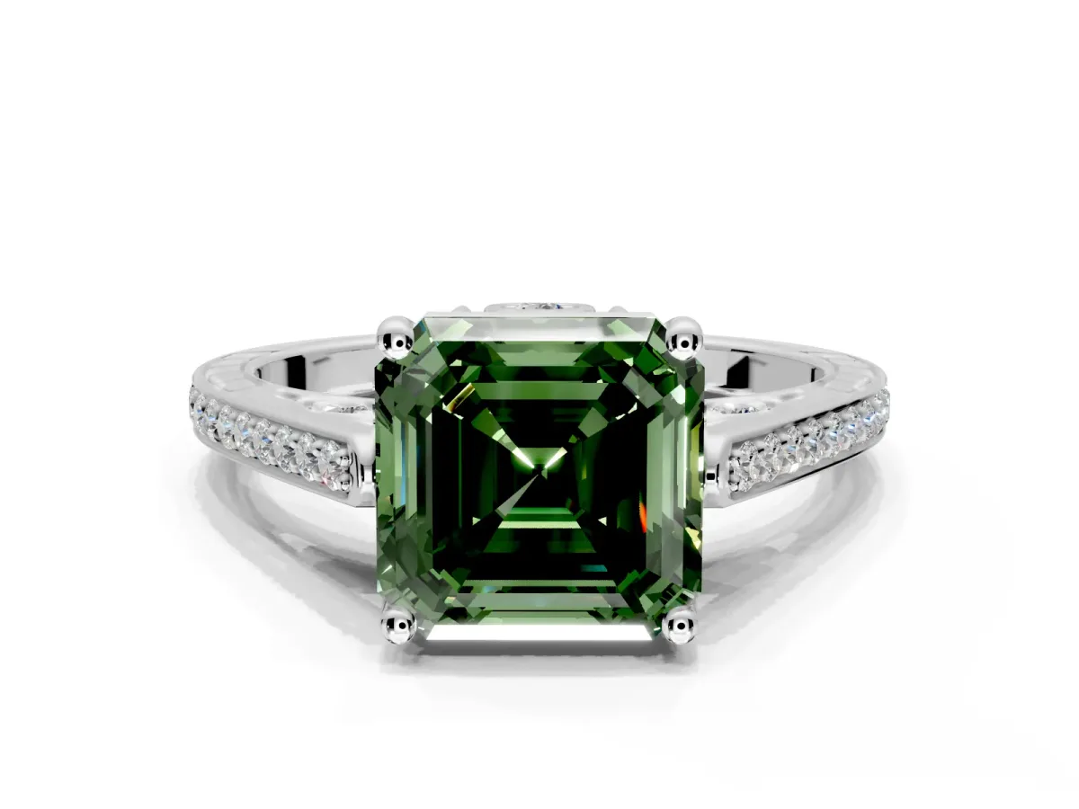 Cathedral Engagement Ring Setting for Fancy Green Asscher Cut Center with Antique-Style Pave Band and Prong Head in Platinum