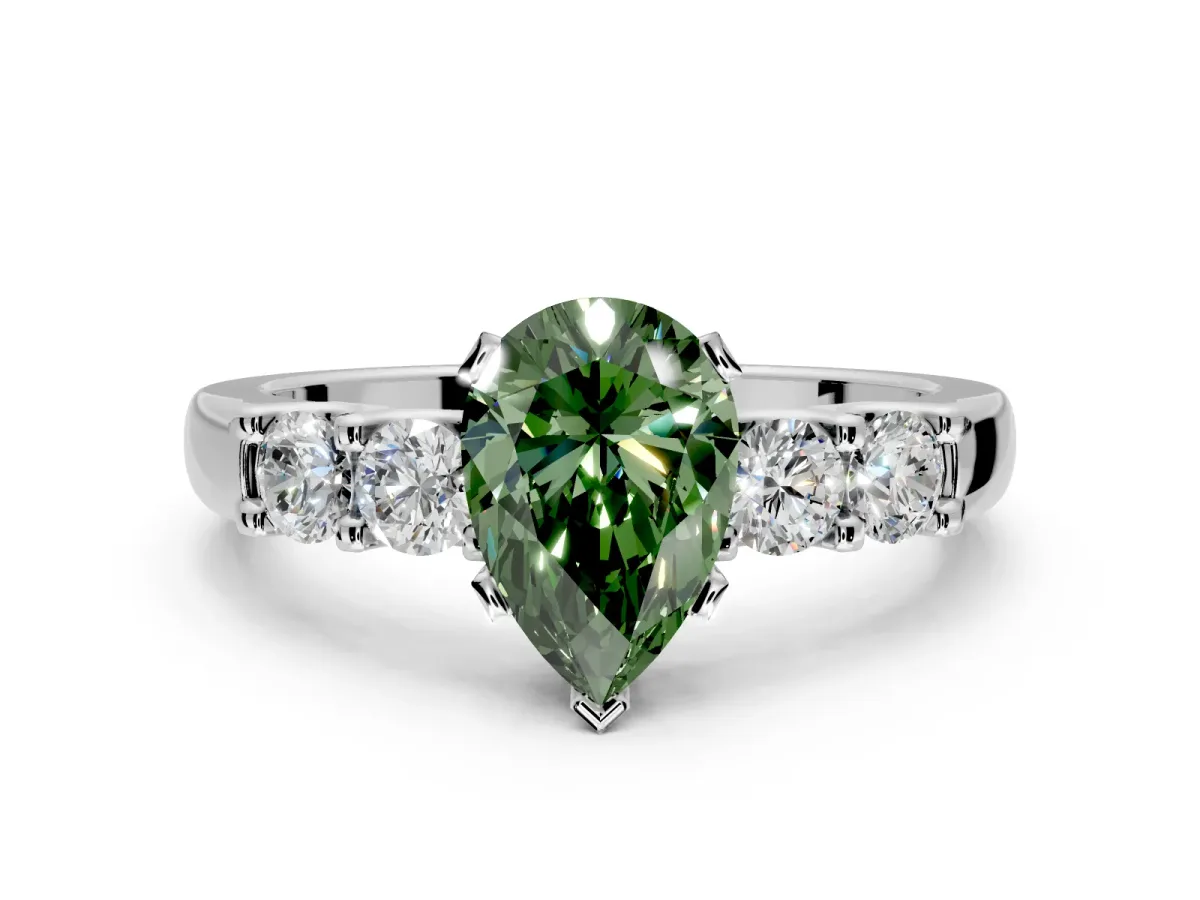 5 Stone Engagement Ring Setting for Fancy Green Pear-Shaped Center with Plain Band and Prong Head in Platinum