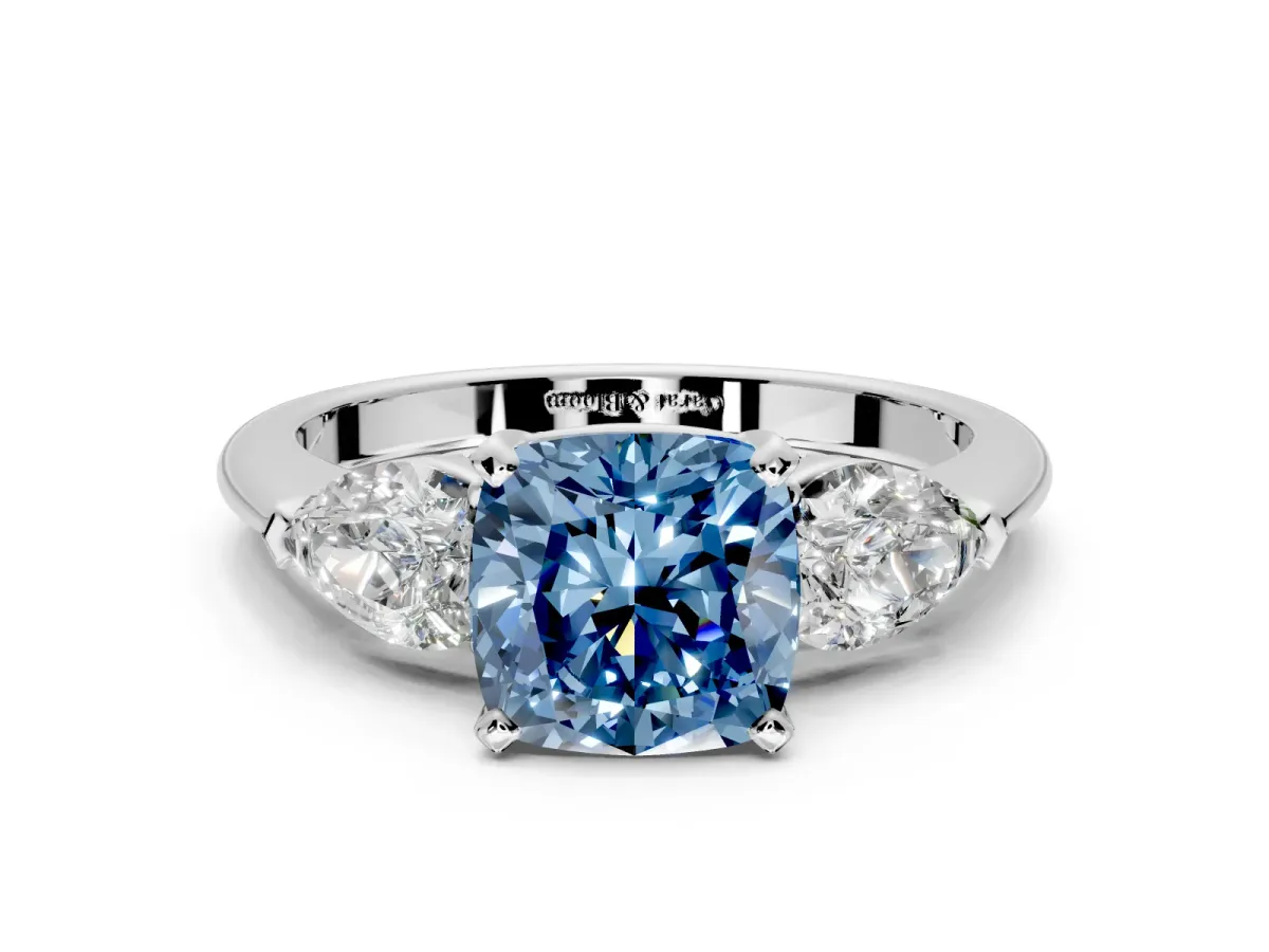 3 Stone Engagement Ring Setting for Fancy Blue Cushion Cut Center with Large Pear-Shaped Accents and Prong Head in White Gold
