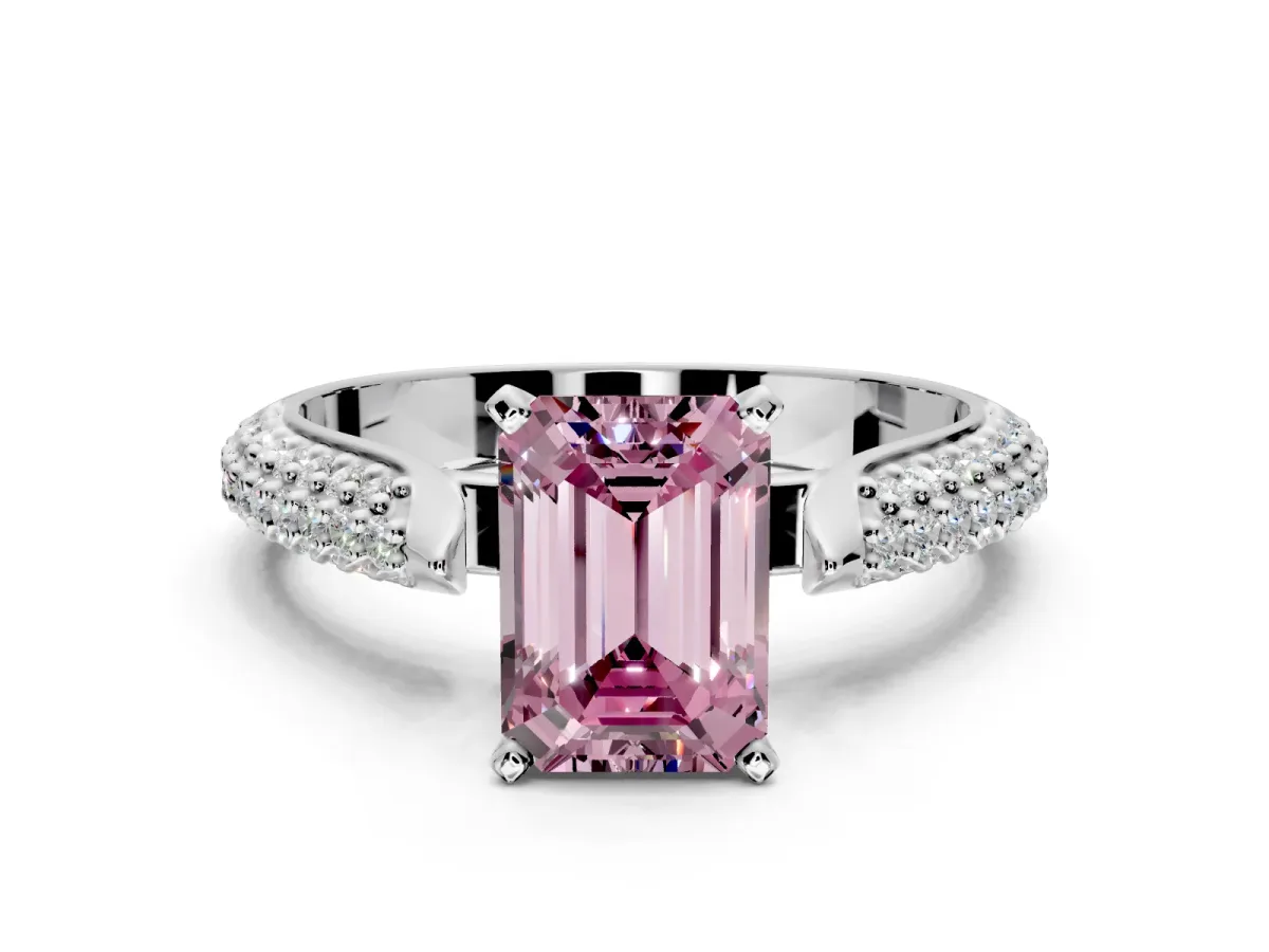 Solitaire Engagement Ring Setting for Fancy Pink Emerald Cut Center with Multi-Row Accents and Prong Head in Platinum