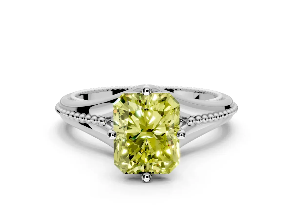 Solitaire Engagement Ring Setting for Fancy Yellow Radiant Cut Center with Milgrain Cathedral Band and Prong Head in White Gold