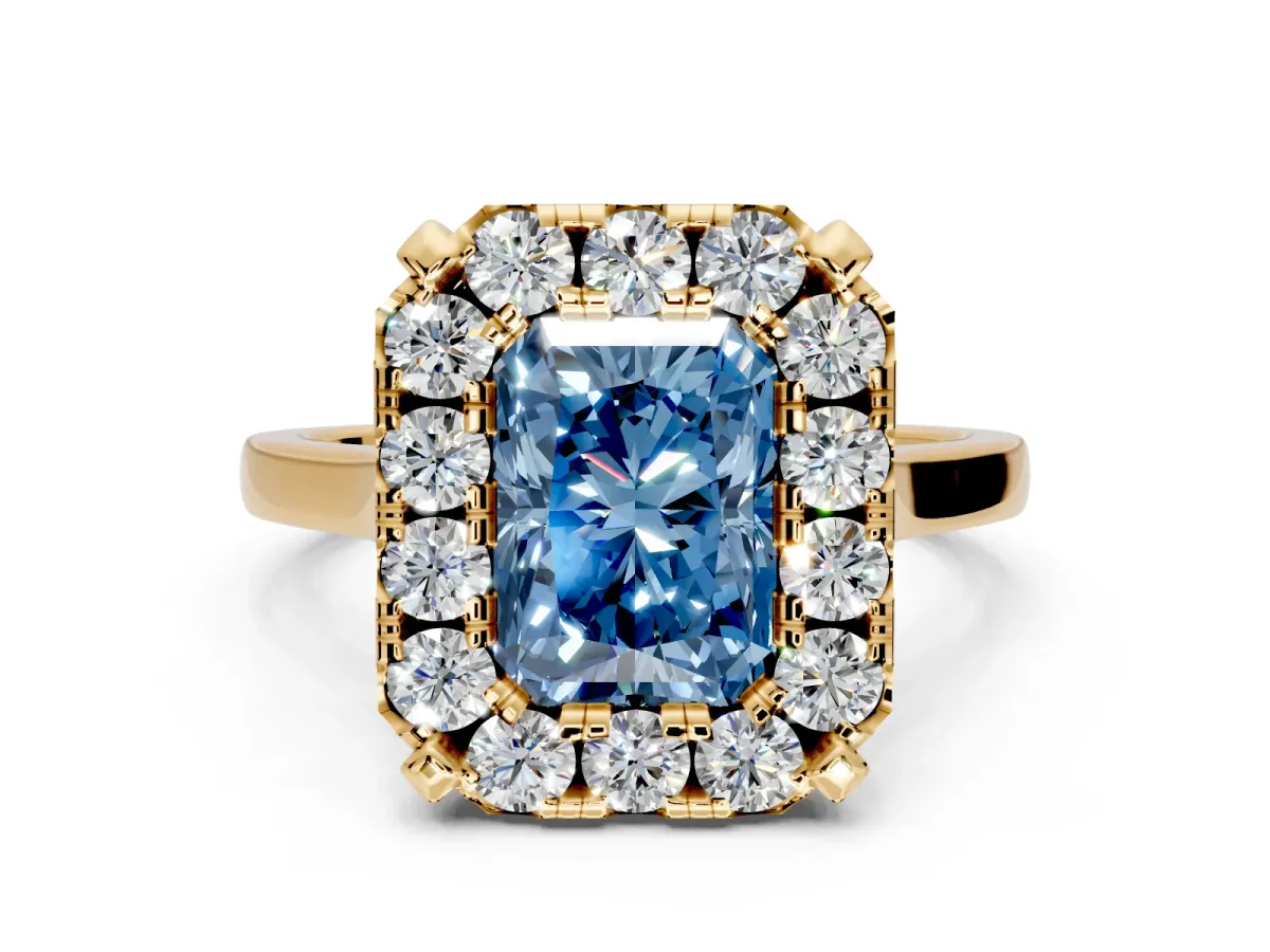 Single Halo Engagement Ring Setting for Fancy Blue Radiant Cut Center with Corner Claws, Plain Band and Prong Head in Yellow Gold