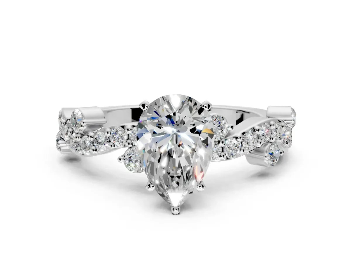 Solitaire Engagement Ring Setting for Pear-Shaped Center with Bar-Station Pave Twist and Prong Head in Platinum