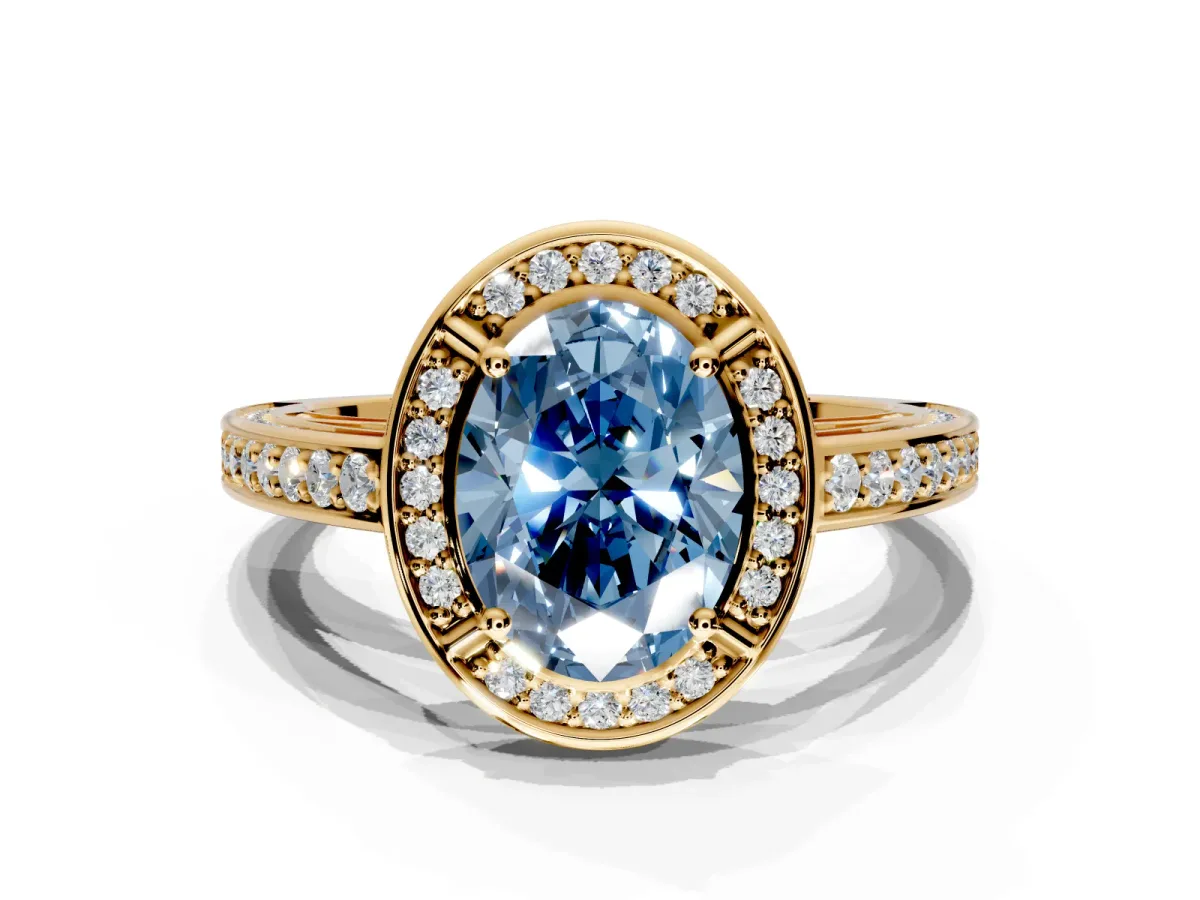 Halo Engagement Ring Setting for Fancy Blue Oval Center with Framed Halo, Pave Band and Prong Head in Yellow Gold