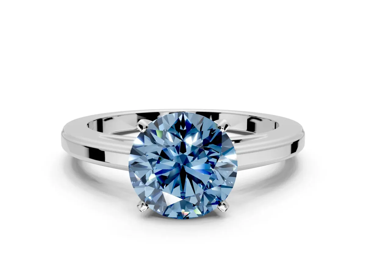 Solitaire Engagement Ring Setting for Fancy Blue Round Cut Center with Flat-Sided Plain Band and Prong Head in Sterling Silver