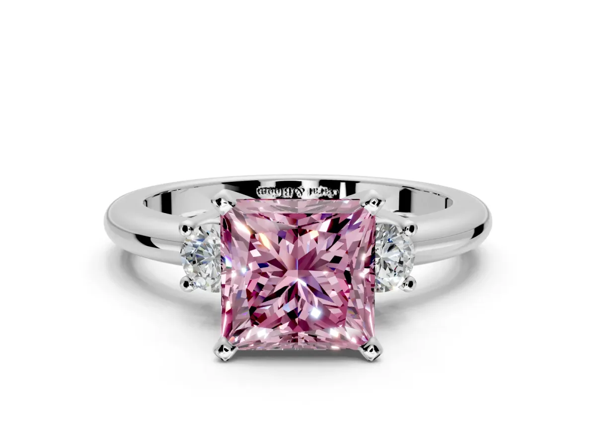 3 Stone Engagement Ring Setting for Fancy Pink Princess Cut Center with Wide Plain Band and Prong Head in Platinum
