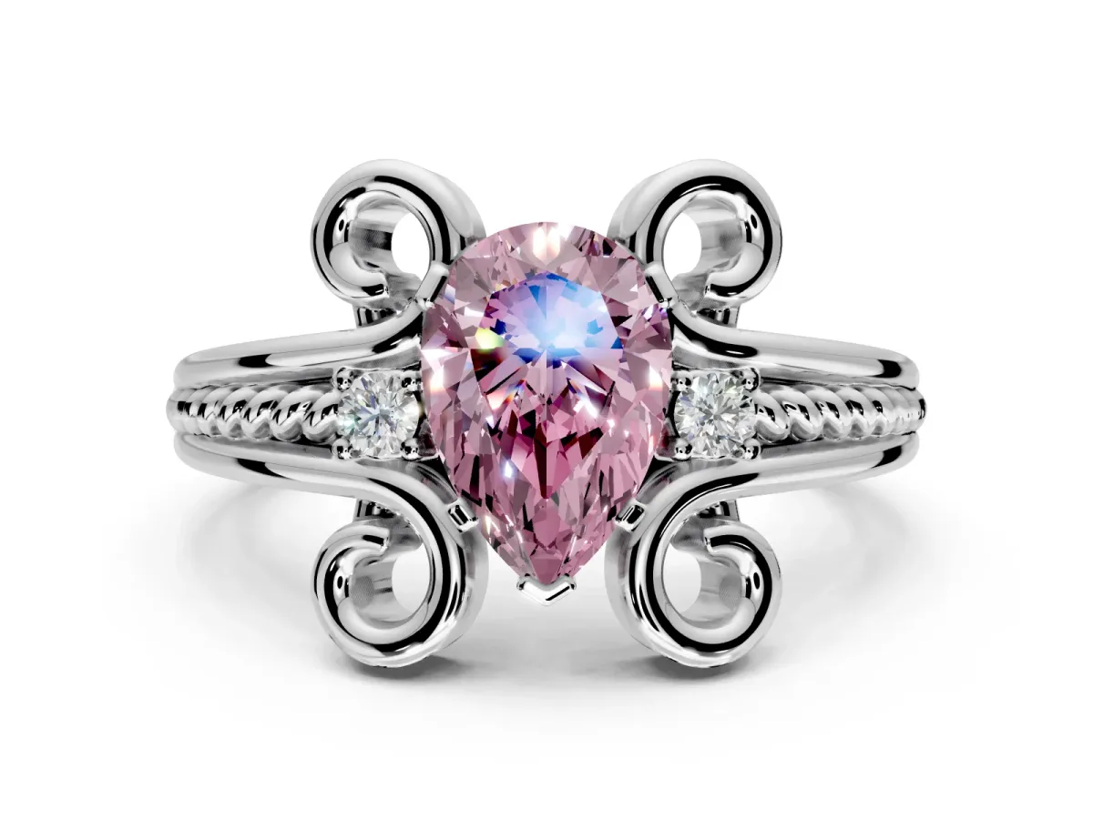 Solitaire Engagement Ring Setting for Fancy Pink Pear-Shaped Center with Twisted Band and Scroll Prong Head in Platinum