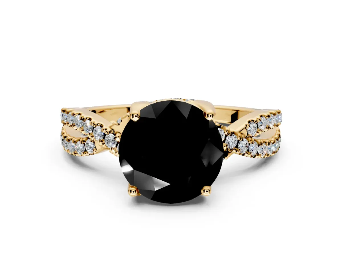 Solitaire Engagement Ring Setting for Fancy Black Round Cut Center with Narrow Twist Pave Band and Prong Head in Yellow Gold