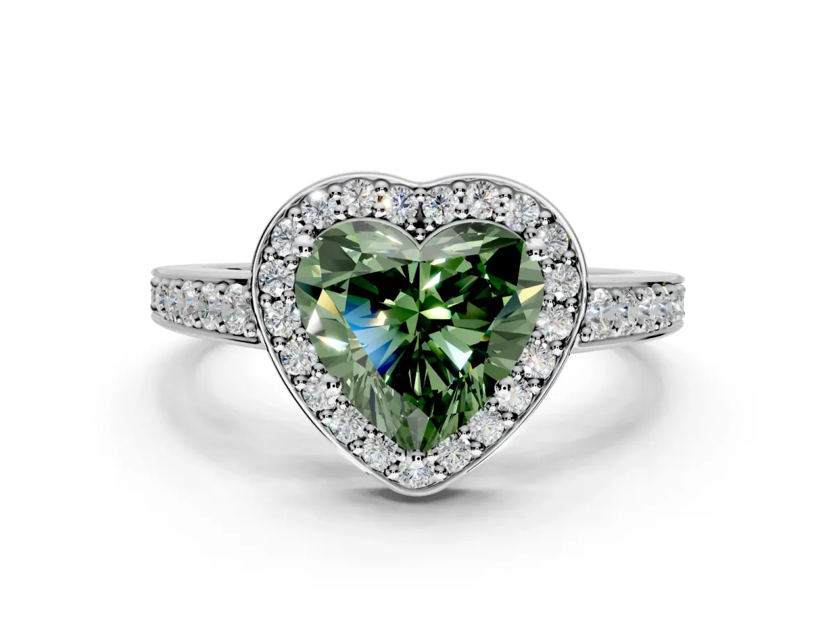 Bezel-Framed Halo Engagement Ring Setting for Fancy Green Heart-Shaped Center with Pave Band and Prong Head in White Gold