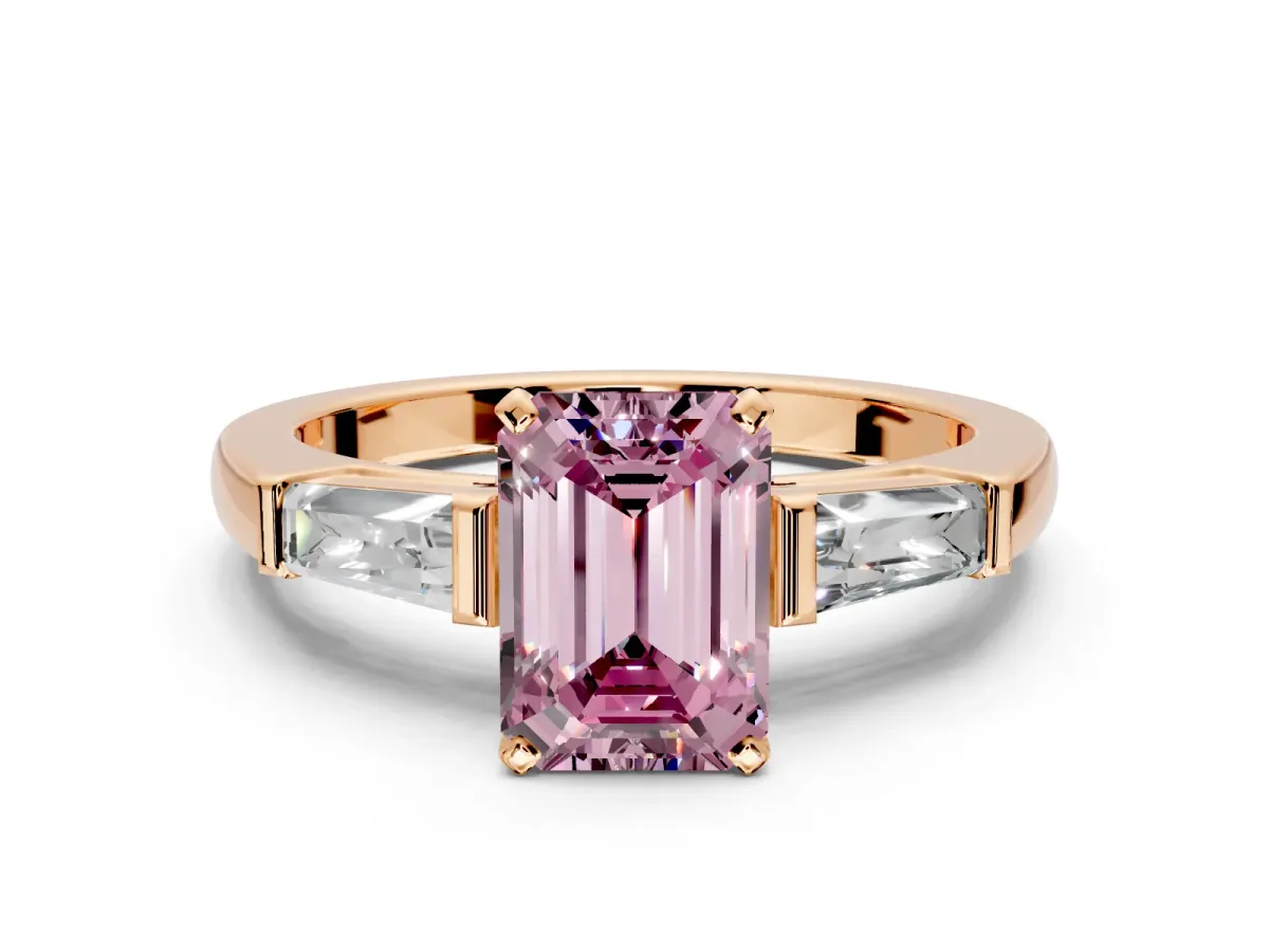 3 Stone Engagement Ring Setting for Fancy Pink Emerald Cut Center with Tapered Baguettes, Plain Band and Prong Head in Rose Gold