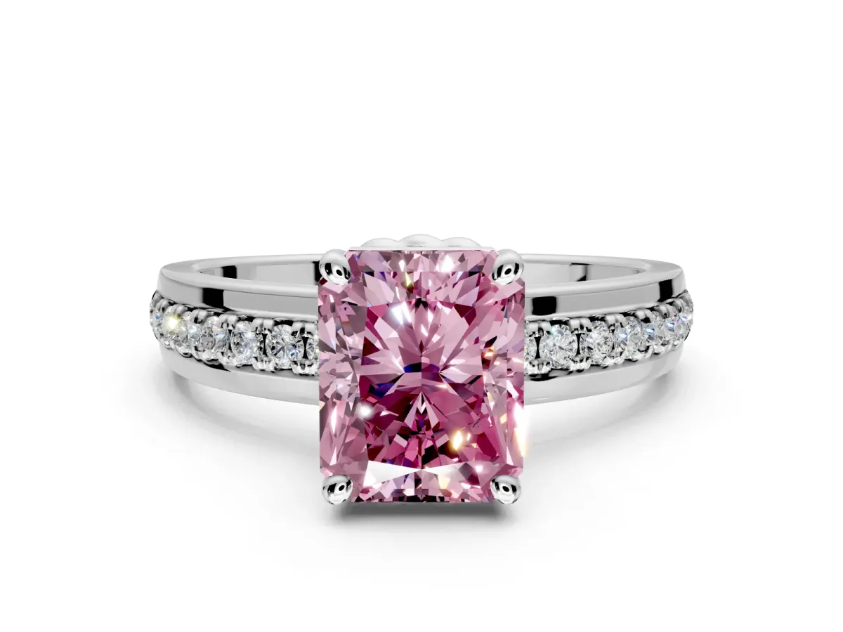 Solitaire Engagement Ring Setting for Fancy Pink Radiant Cut Center with Raised Channel Band and Prong Head in Sterling Silver