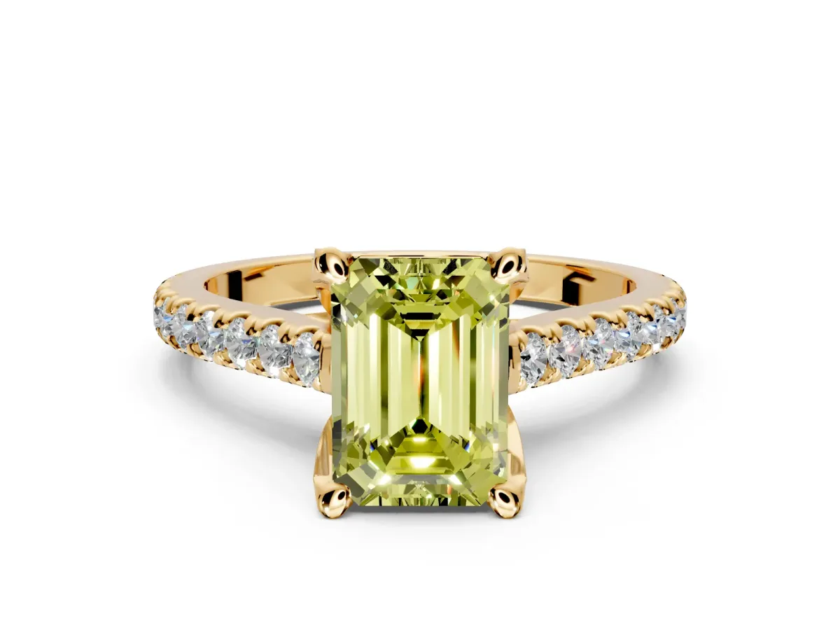 Solitaire Engagement Ring Setting for Fancy Yellow Emerald Cut Center with Widening Pave Band and Claw Prong Head in Yellow Gold