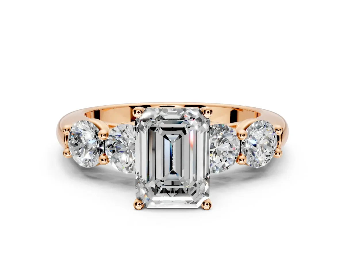 5 Stone Engagement Ring Setting for Emerald Cut Center with Graduated Accents and Prong Head in Rose Gold