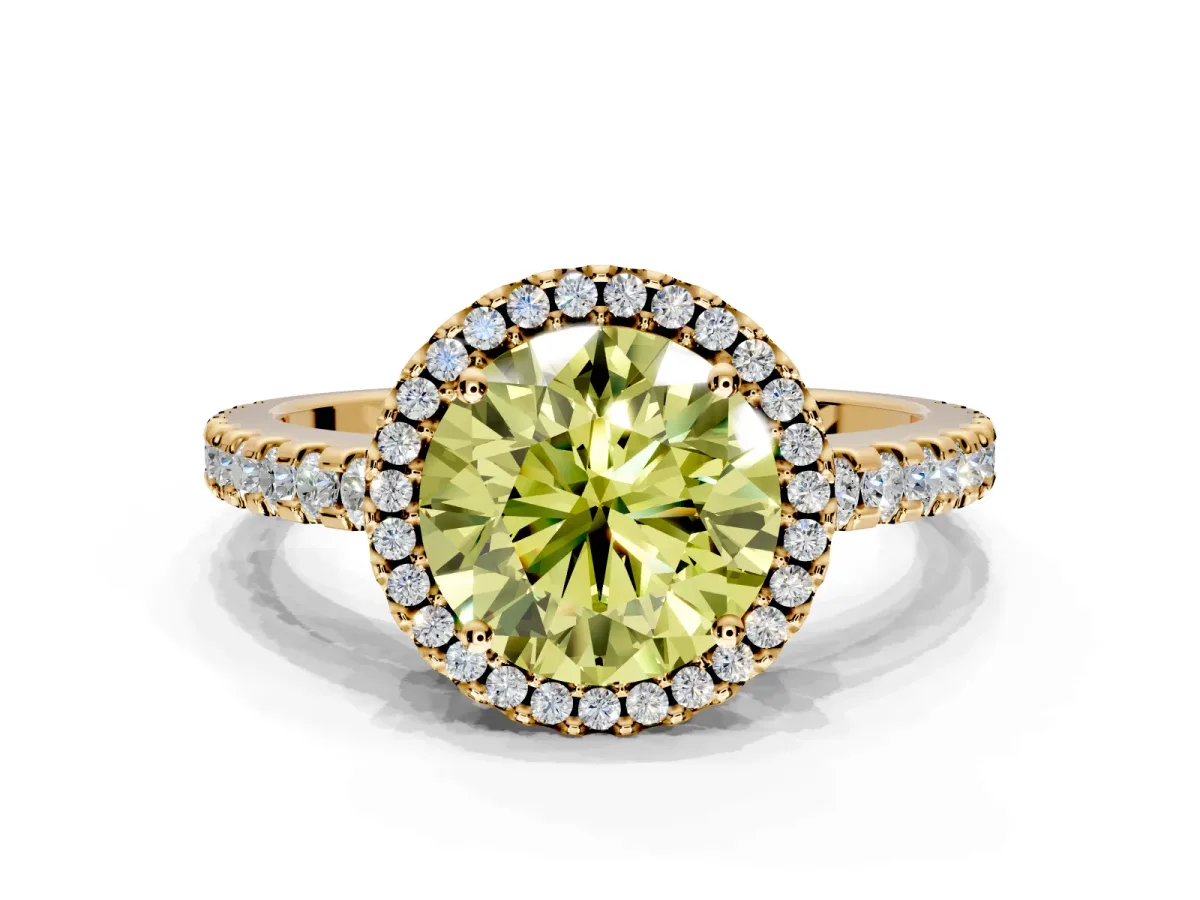 Accent Halo Engagement Ring Setting for Fancy Yellow Round Cut Center with Full-Length Pave Band and Prong Head in Yellow Gold