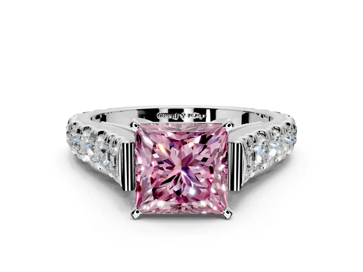 Solitaire Engagement Ring Setting for Fancy Pink Princess Cut Center with Pave Cathedral Shoulders and Prong Head in Platinum