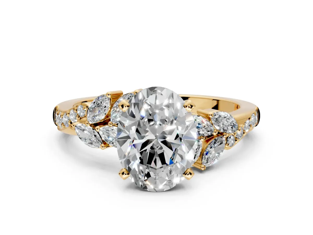 Solitaire Engagement Ring Setting for Oval Center with Marquise Accent Twist Band and Prong Head in Yellow Gold