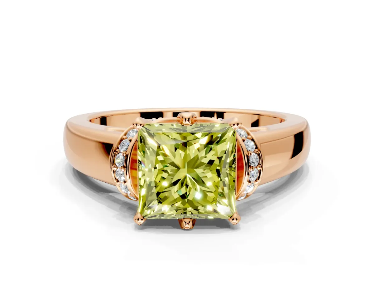 Solitaire Engagement Ring Setting for Fancy Yellow Princess Cut Center with Wide Band, Pave Collar and Prong Head in Rose Gold