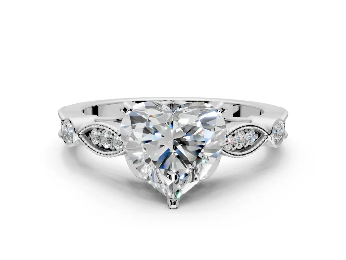 Solitaire Engagement Ring Setting for Heart-Shaped Center with Marquise and Bezel Accents and Prong Head in Sterling Silver