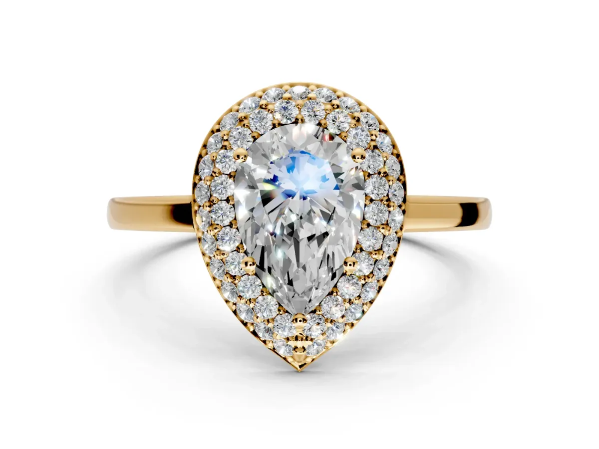 Halo Engagement Ring Setting for Pear-Shaped Center with Plain Tapered Band and Prong Head in Yellow Gold