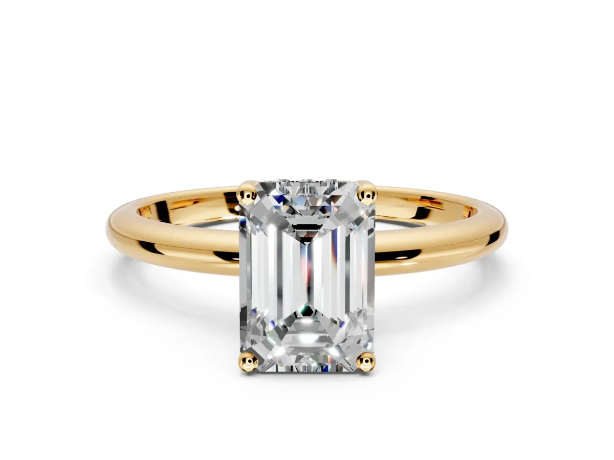 Hidden Halo Engagement Ring Setting for Emerald Cut Center with Thin Round-Wire Band and Prong Head in Yellow Gold
