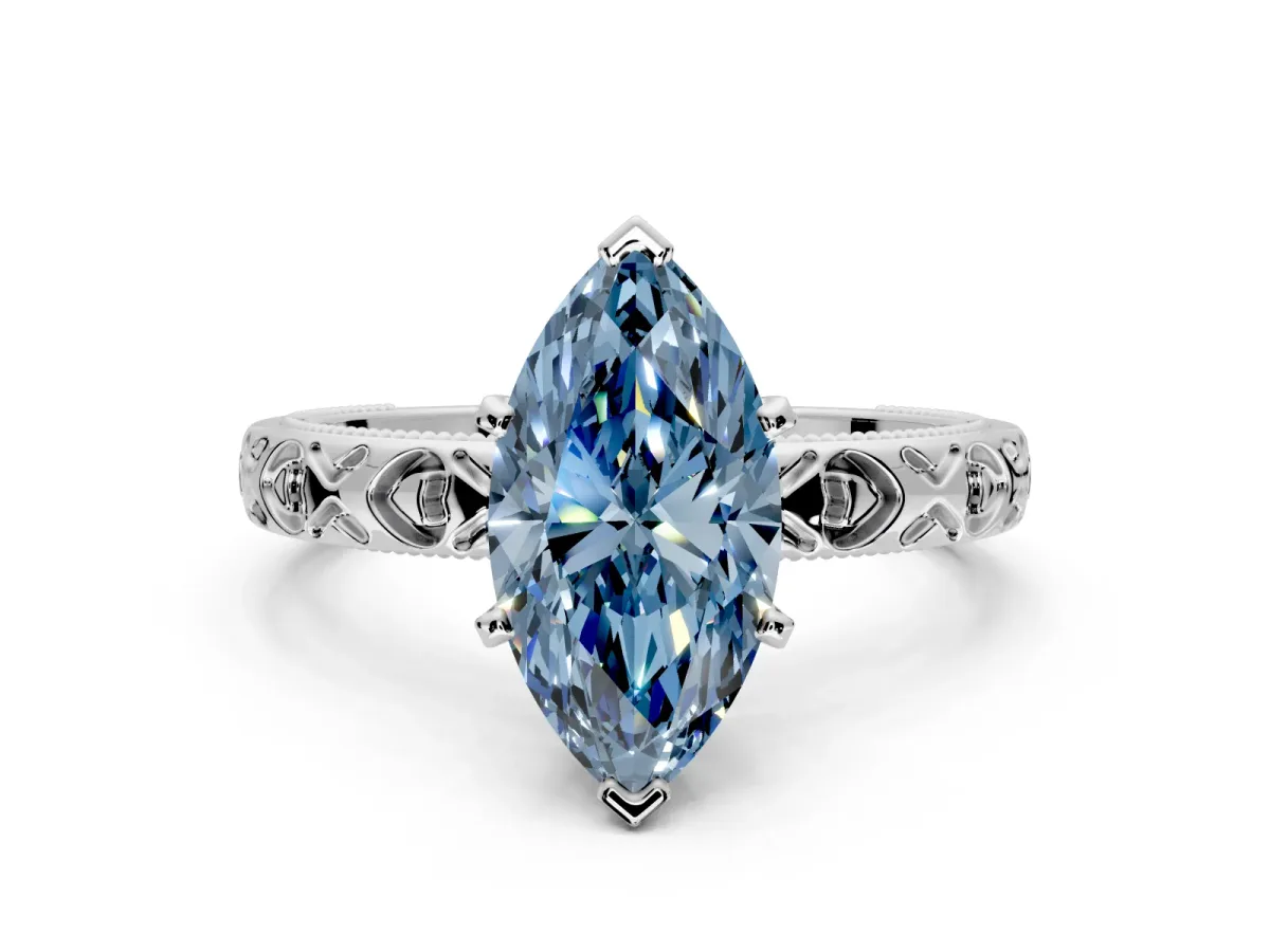 Solitaire Engagement Ring Setting for Fancy Blue Marquise Center with XO Engraved Band and Prong Head in Sterling Silver